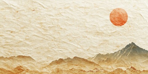 Natural Japanese landscape on textured recycled paper featuring soft browns and a warm orange sun with mountains in the foreground and sky backdrop.