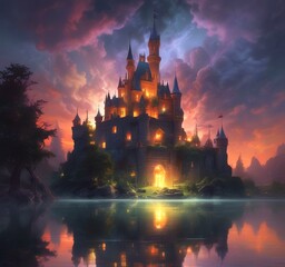 Illustration of glowing mystery tower castle in night.