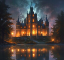 Fototapeta premium Illustration of glowing mystery tower castle in night.