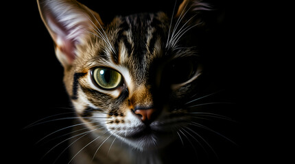 A cat portrait with large eyes expressing anger, an angry,  dangerous cat.
