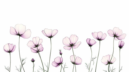 Pale pink cosmos flowers border, white background, floral illustration, website banner design