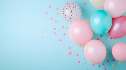 Pastel balloons and confetti on blue background, celebrating a party or event; ideal for cards or invitations