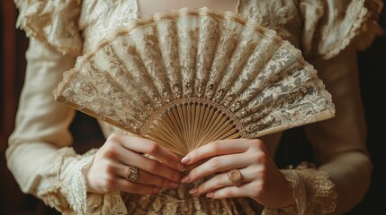 Elegant woman holds an ornate lace fan in a vintage setting during a formal event in the afternoon light