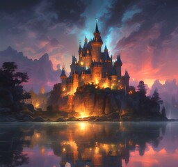 Obraz premium Illustration of glowing mystery tower castle in night.