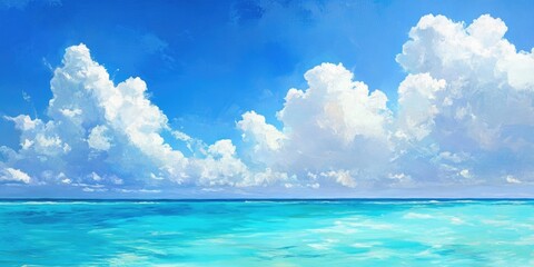 Obraz premium Vibrant summer landscape featuring a turquoise sea against a bright blue sky with fluffy white clouds creating a serene coastal atmosphere