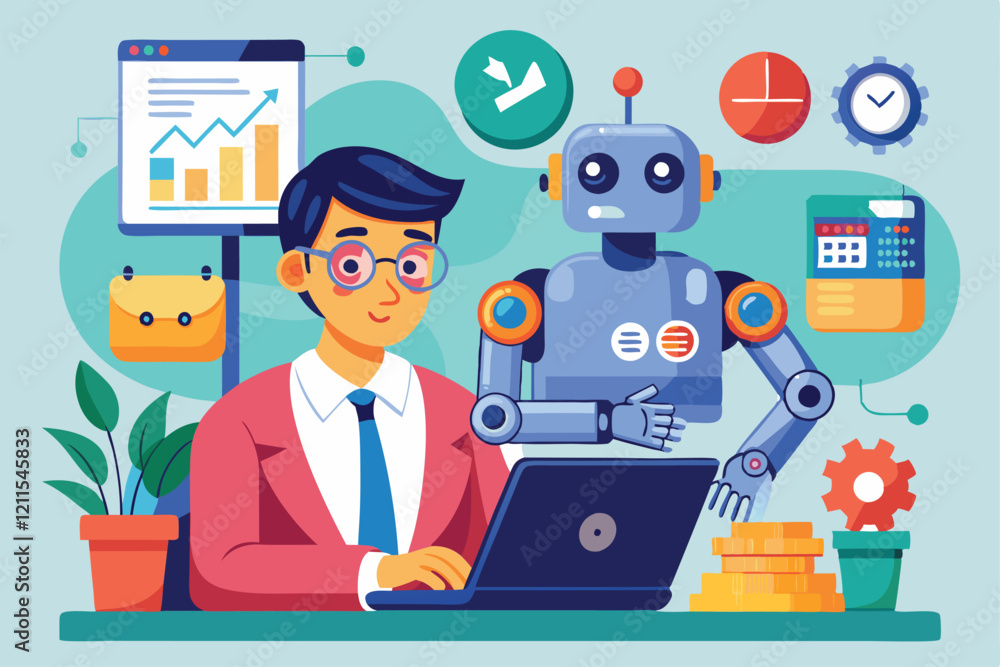 Aufkleber an employee works alongside a robot while analyzing data and productivity in a contemporary office i