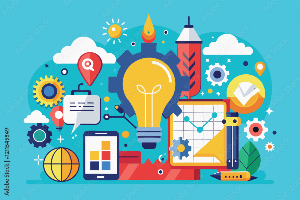 Poster creative workspace filled with tools representing innovation and customizable design concepts innova