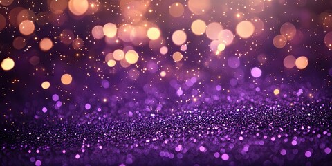 Bokeh background with purple glitter lights and golden bokeh circles creating a dreamy festive atmosphere with soft defocused effect.