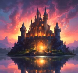 Naklejka premium Illustration of glowing mystery tower castle in night.