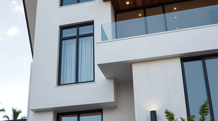 Modern Minimalist House Exterior: Clean Lines, White Facade, and Glass Balcony. Luxury Real Estate Property Architecture Design