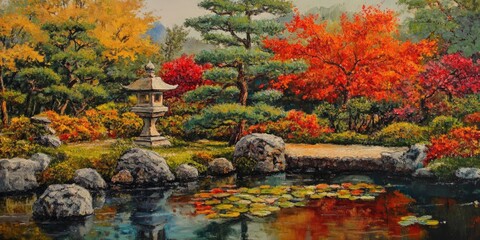 Serene Japanese garden scene featuring vibrant autumn leaves in shades of red and orange, tranquil pond with lily pads, stone lantern positioned left.