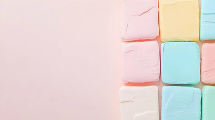 Pastel-colored square candies on pink background, perfect for food blogs and packaging design