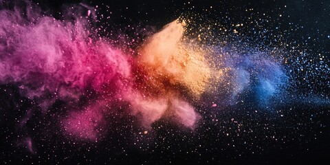 Multicolored powder explosion on a black background featuring vibrant pink, orange, and blue hues spreading widely in dynamic motion