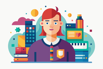 A young student stands confidently among various academic elements and creative tools Insert block Customizable Disproportionate Illustration