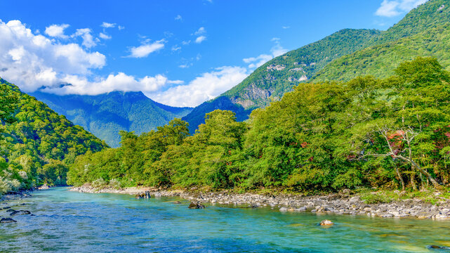 Natural mountains landscape with the cleanest mountain river in Abkhazia. Ecotourism.Trip, travel on vacation. Rafting.