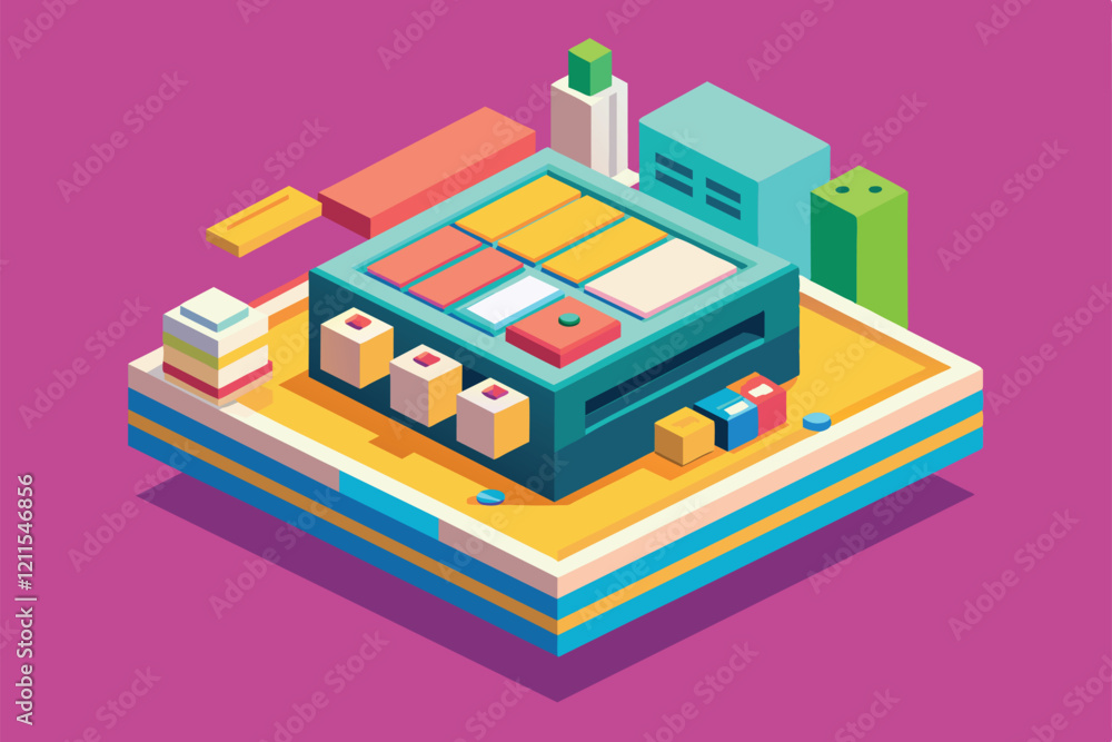 Poster a vibrant illustration depicting abstract buildings in a dynamic urban layout showing creativity and