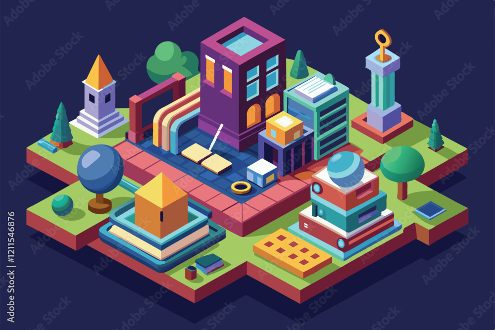 Poster a colorful isometric design featuring various unique buildings surrounded by trees and vibrant pathw