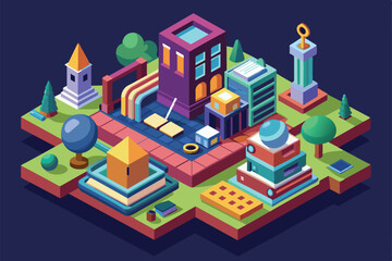 A colorful isometric design featuring various unique buildings surrounded by trees and vibrant pathways Insert block Customizable Isometric Illustration