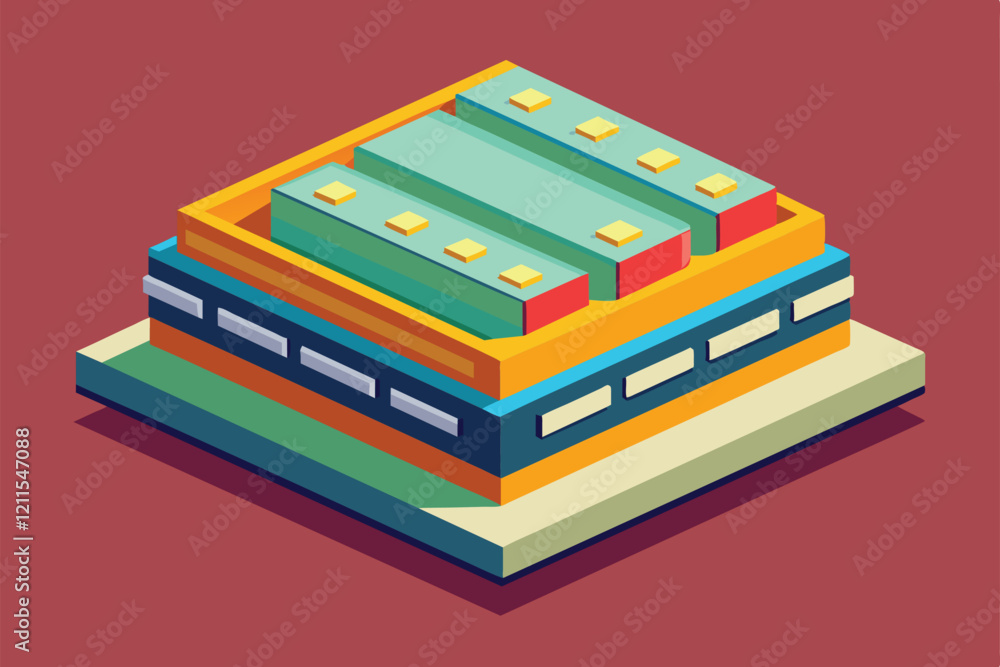 Poster a detailed illustration featuring layered blocks in vibrant colors and complex geometric shapes inse
