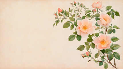 Peach roses branch on vintage paper background, floral design, greeting card, invitation