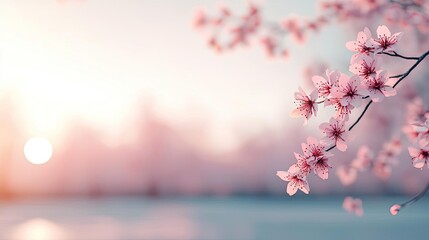 Fototapeta premium Pastel spring concept. Delicate cherry blossoms in soft sunlight create a serene and dreamy atmosphere.