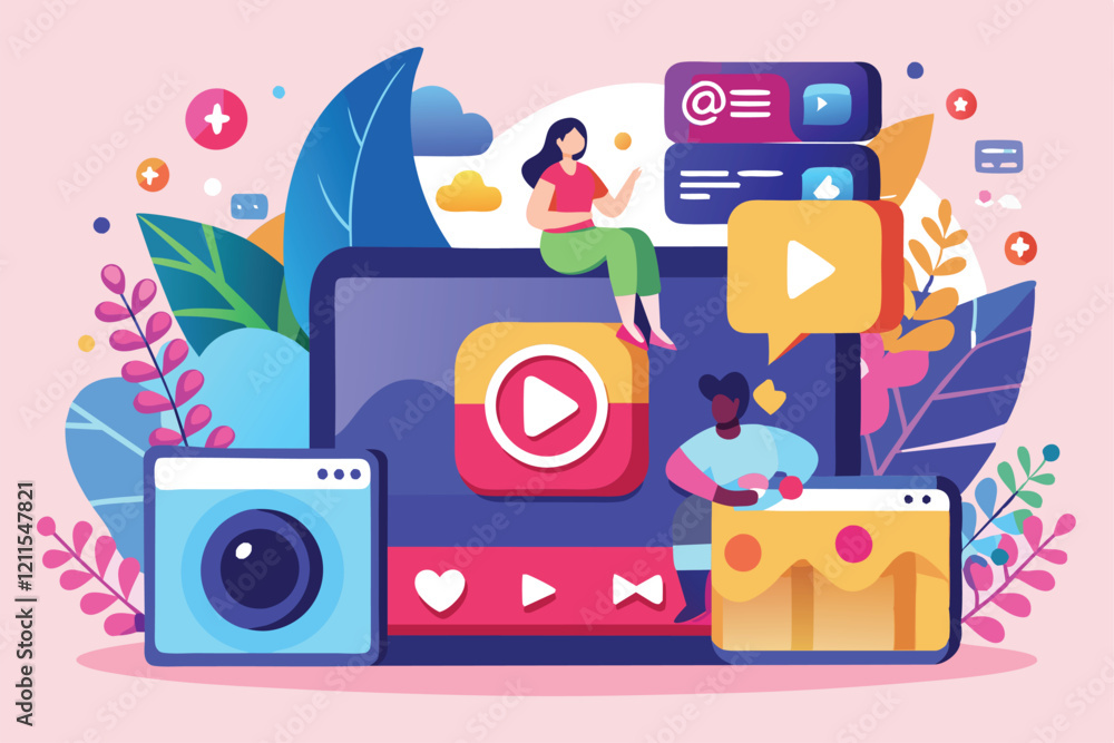Poster Creative professionals explore customizable video streaming options on various platforms in a colorful setting video streaming Customizable Disproportionate Illustration
