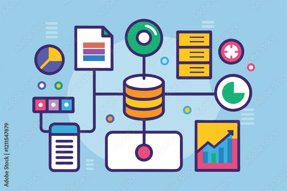 Poster a collection of icons illustrating data installation and management concepts in a colorful layout in