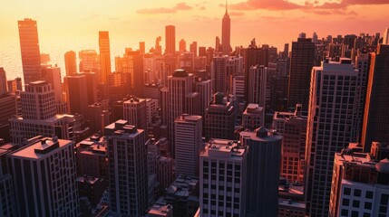 Golden Hour Cityscape Urban Skyline at Sunset