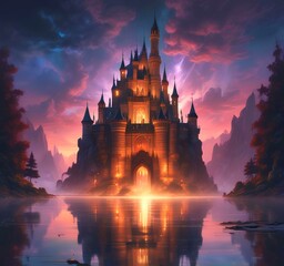 Naklejka premium Illustration of glowing mystery tower castle in night.