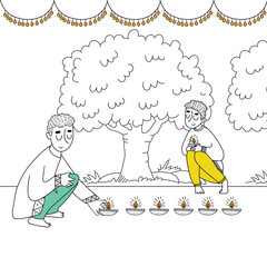 Diwali Festival Celebrations Under Tree Illustration Shows a family celebrating Diwali under a tree, with diyas and festive elements.
