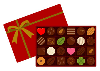 長方形の赤い箱に入ったチョコレートと蓋のイメージイラスト
