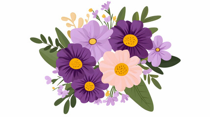 Purple and pink flower bouquet illustration, spring floral arrangement, isolated on white background, for wedding invitations or greeting cards