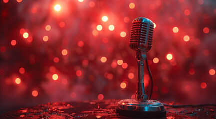 Microphone on a stand on a black table against a background of red highlights, created with Generative AI technology