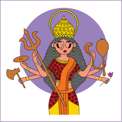 Goddess Durga with Weapons Durga Puja Festive Illustration Highlights Goddess Durga with her weapons, symbolizing the triumph of good over evil.