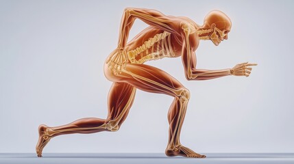 Dynamic human anatomy in motion athletic running pose studio environment anatomical illustration