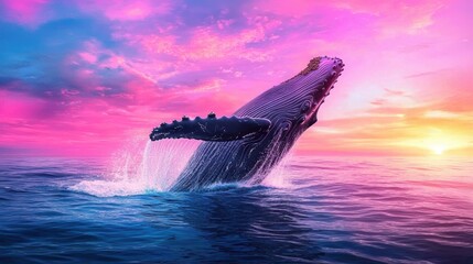Fototapeta premium Majestic whale breaching at sunset a serene ocean wildlife photography experience