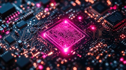 Obraz premium Close-up view of a glowing microchip on a circuit board, showcasing intricate connections and vibrant colors