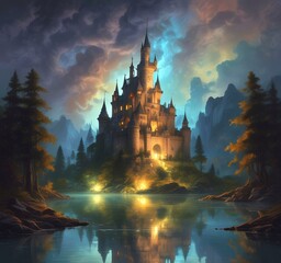 Illustration of glowing mystery tower castle in night.