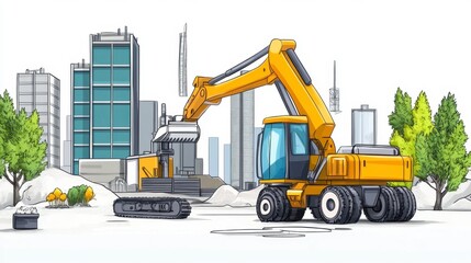 Bright Yellow Excavator Working on Construction Site with Buildings