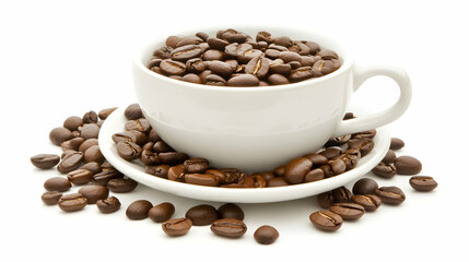 Fototapeta premium Roasted coffee beans in a white cup and saucer on a white background; perfect for coffee-related websites or packaging