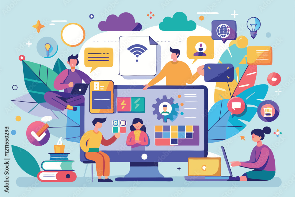 Poster diverse individuals engage with technology, showcasing customizable interaction design in today's wo
