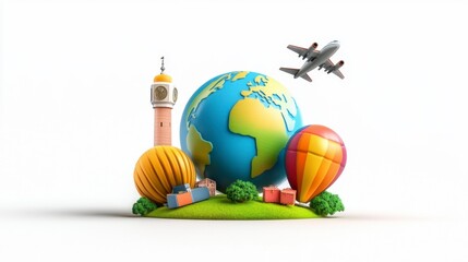 Colorful 3D Travel Elements with Earth and Airplane on White Background