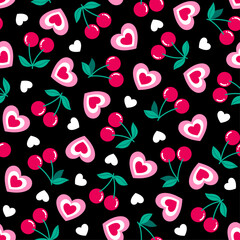 Cute cherry and heart seamless pattern design for Valentine's day background.