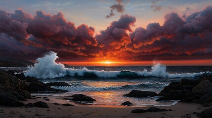 Obraz premium Dramatic sunset over ocean waves crashing on rocky beach; coastal art print