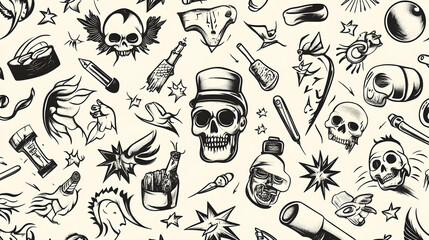 Seamless pattern of vintage tattoo flash designs, including skulls, stars, and bottles; ideal for fashion or print
