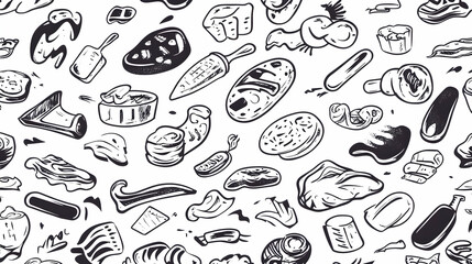 Seamless pattern of various cuts of meat and grilling tools, perfect for restaurant menus or butcher shop branding