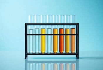 Row of test tubes with colorful liquids against a bright blue background, evoking a sense of scientific exploration.