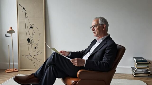 A philosopher sits in a minimalist room, surrounded by furniture, books, and modernist art, exuding intellectual refinement.