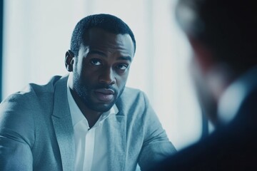 African hr manager listening to caucasian applicant at job interview, Generative AI