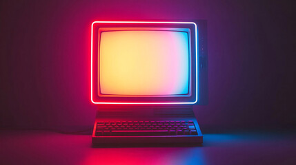 Retro computer with a monitor illuminated by pink and blue neon lights. The monitor is square, with an empty screen emitting a warm yellow-orange light.